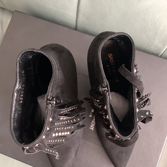 Saint Laurent  Black Suede Studded-fringe Bootie - Picture 10 of 15